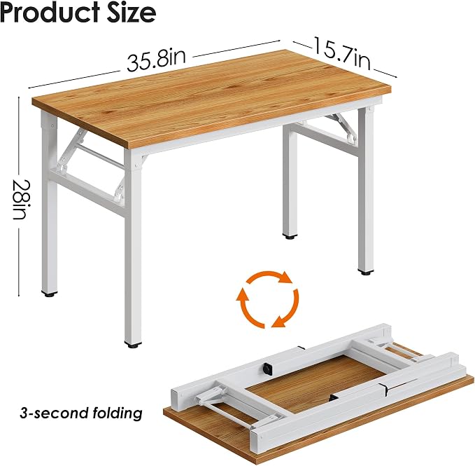 Need Office Computer Desk 35.8 Inch Sturdy Folding Laptop Table Teak | White Frame Writing Gaming Work Table/Foldable Home Office Desk/Sewing Table, No Assembly Required - Image 3