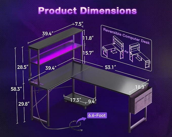 ODK 53" L Shaped Gaming Desk with Shelves, LED & Outlets, Black | Hook for headset, bag for gear. Shelves for books & supplies. LED for gaming nights. Reversible. Home office computer desk. - Image 3