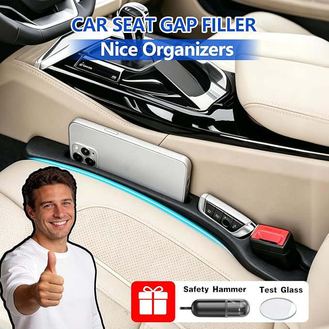 Car Seat Gap Filler Organizer 2Pcs,Car Accessories with Safety Hammer,2 in 1 No Drop Seat Guard with Storage Slot for Phone,Keys,Universal Interior Gap Filler for Cars SUV Truck,Black - Image 2