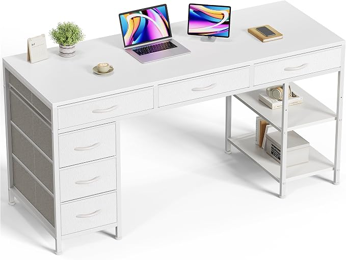 Huuger Computer Desk with 6 Drawers, Office Desk with Shelves, Reversible Gaming Desk, Corner Desk with Storage, Work for Home Office, Study, Living Room, 54inch, White by Huuger
