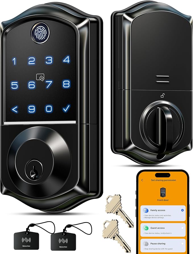 Veise VE017 Fingerprint Smart Door Lock, App Control, 8-in-1 Keyless Entry, Auto Lock, Emergency Power Port, Electronic Touchscreen Keypad, Biometric Smart Locks for Front Door, Matte Black by Veise