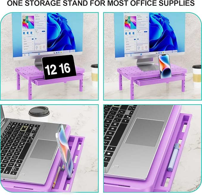 WALI Computer Monitor Stand with Storage, Desk Monitor Riser 3 Height Adjustable, Laptop Riser with Airflow Vents, Desk Organizer for Computer, Laptop, Printer (PTT002-V), 1 Pack, Violet - Image 3