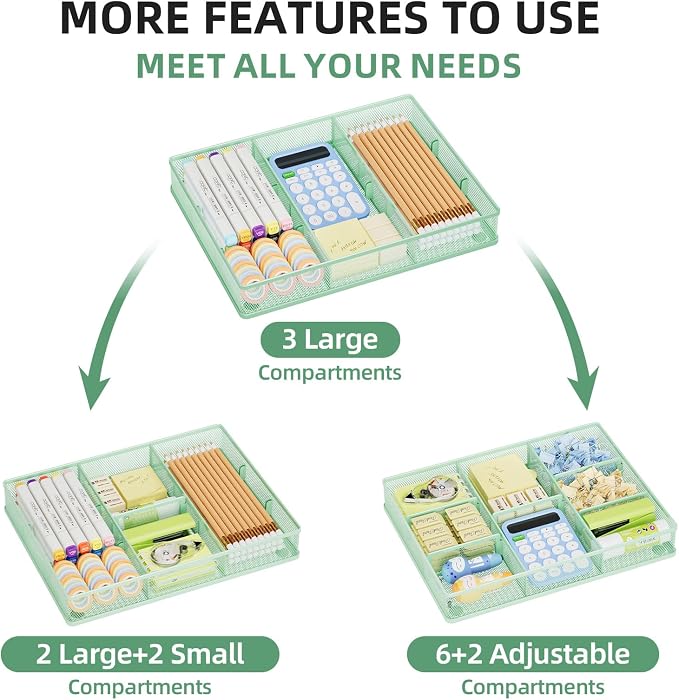 Marbrasse Desk Drawer Organizer, Metal Mesh Drawer Organizer Tray with 5 Adjustable Compartments,Desk Organizers and Accessories for Home,Office,Kitchen,Makeup,Vanity (Green) - Image 3