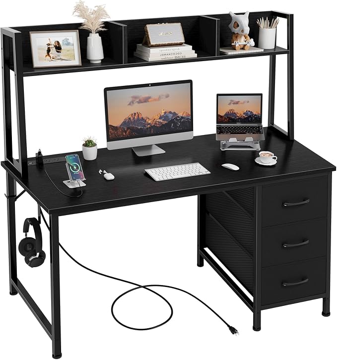 DLisiting Black Computer Desk with Hutch & Drawers - Office Desk with 3 Storage Drawers and Power Outlets, 47 Inch Modern Study Writing Desk for Bedroom Home Office by Unknown
