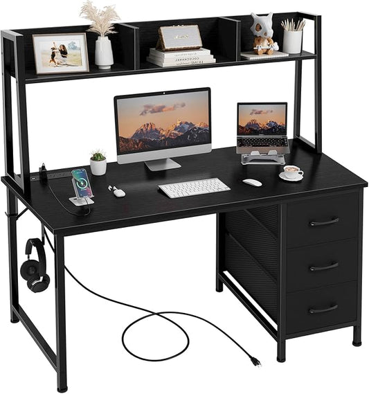 DLisiting Black Computer Desk with Hutch & Drawers - Office Desk with 3 Storage Drawers and Power Outlets, 47 Inch Modern Study Writing Desk for Bedroom Home Office by Unknown