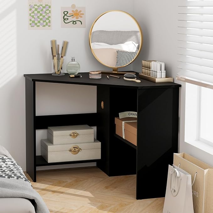 Tangkula Corner Desk, 90 Degrees Triangle Computer Desk for Small Space, Bedroom Corner Makeup Vanity Desk with Storage Shelves & CPU Stand - Image 4