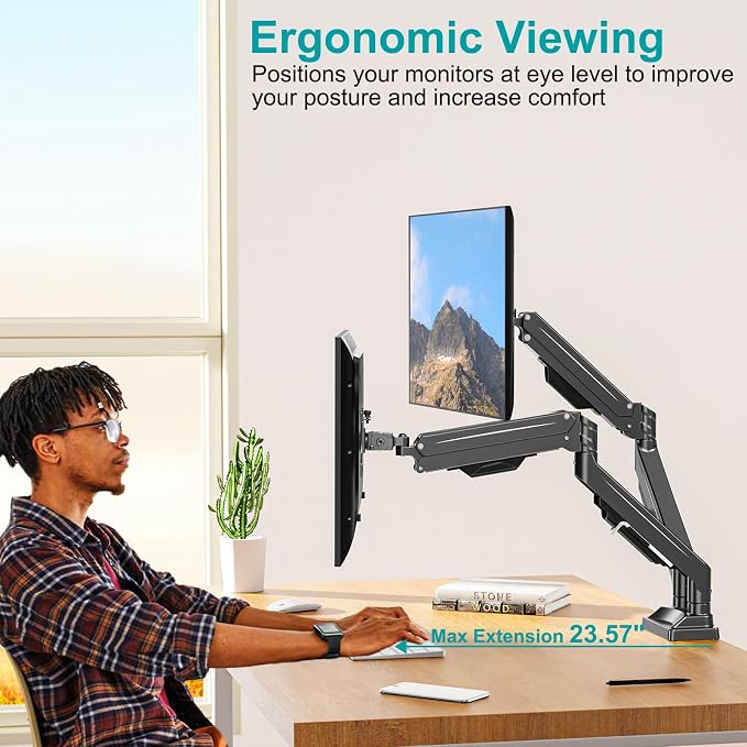 MOUNT PRO Dual Monitor Stand for Two Screens up to 43 Inch, Heavy Duty Ultrawide Double Monitor Arm Holds up to 33lbs Each, Premium Adjustable Computer Monitor Mount for 2 Monitors, VESA Desk Mount - Image 4