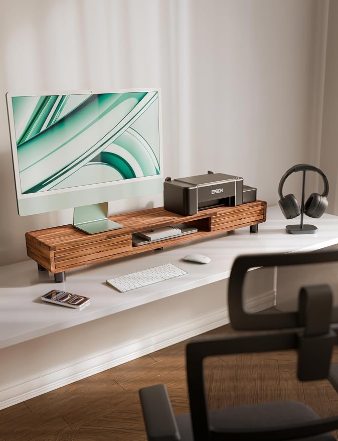 Tinamo 42.5" Dual Monitor Stand Riser with Sliding Doors – Solid Acacia Wood Desk Shelf for 2 Monitors, Desktop Organizer with Storage, Ergonomic 5" Height for Computer, Laptop, Printer, TV - Image 6