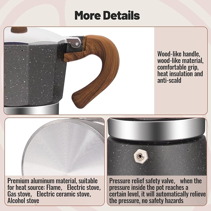 3 Cup Aluminum Moka Pot Classic Stovetop Espresso Coffee Maker 150ml 5oz Coffeemaker Percolator Mocha Pot Greca Coffee Maker Cafe Makers for Italian and Cuban Café Brewing Gray - Image 5