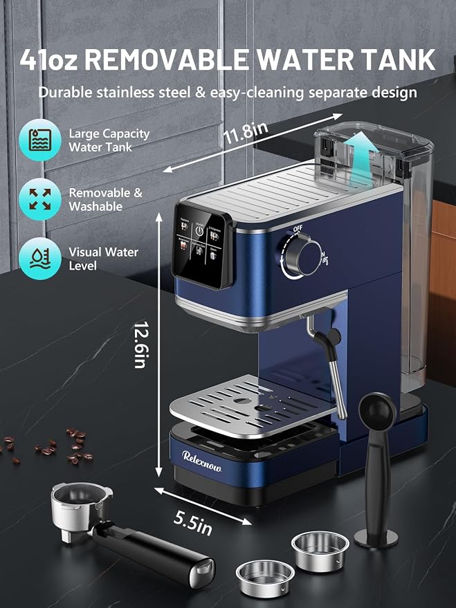 RELEXNOW Espresso Machine, 20 Bar Espresso Maker Milk Frother & LCD Panel, Hot & Iced Coffee Machine, Stainless Steel Espresso Coffee Machine with 41oz Water Tank for Cappuccino, Latte - Image 6