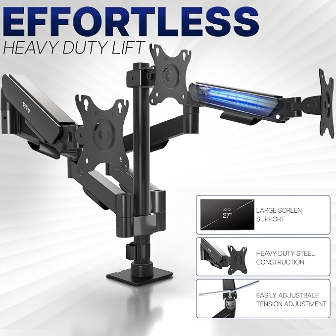 VIVO Triple Monitor Stand, Fully Adjustable Arms for 17 to 27 inch Screens, Mechanical Articulating Desk Mount, Gaming and Office Setups, VESA 75x75, 100x100, Max 19.8 lbs, Classic, Black, STAND-V003O - Image 3