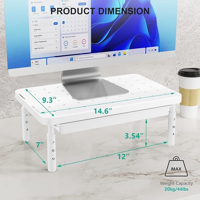 WALI Computer Monitor Stand with Storage, Desk Monitor Riser 3 Height Adjustable, Laptop Riser with Airflow Vents, Desk Organizer for Computer, Laptop, Printer (PTT002-W), 1 Pack, White - Image 6