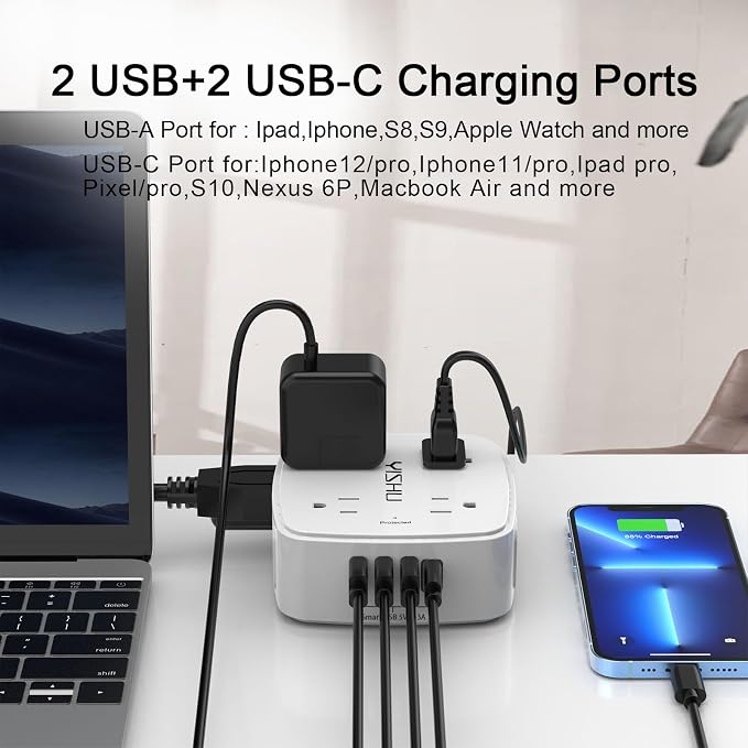 5Ft Surge Protector Power Strip - 8 Widely Outlets with 4 USB Ports, 3 Side Outlet Extender with 5 Feet Extension Cord, Flat Plug, Wall Mount, Desk USB Charging Station, ETL,White - Image 3