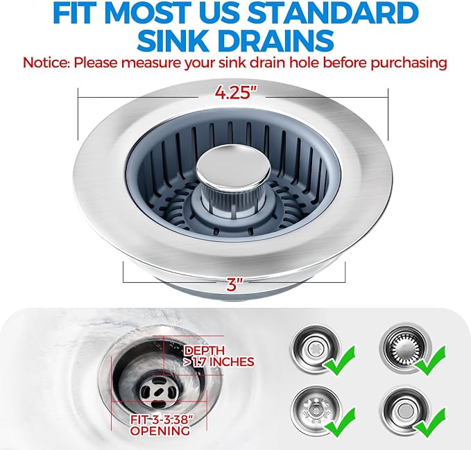 zaa 3 in 1 Kitchen Sink Drain Strainer Stopper Removable Basket Pop-Up | Kitchen Sink Accessories 2 Pack Silver Stainless - Food Catcher, Odor-Blocking Seal, Fits 3.5" Drain, Easy Clean - Image 7