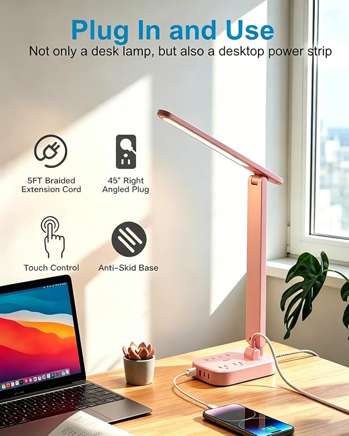 LED Desk Lamp, Power Strip with 4 USB 3 Outlets, Dorm Room Essentials, Pink | One Beat 4 Modes 5 Level Brightness Touch Lamp, Small Desk Lamp for Home Office College Dorm Essentials, Study Reading Light - Image 4
