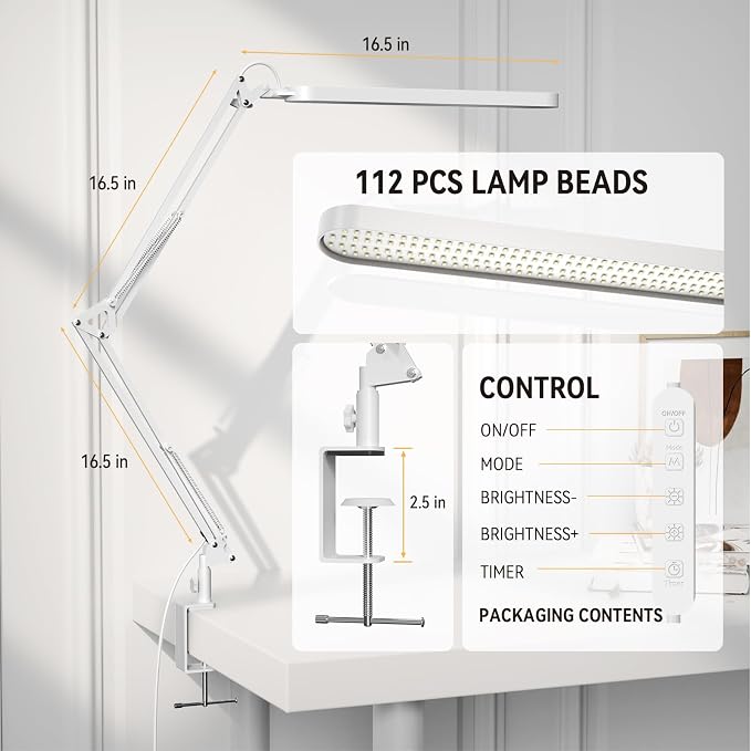 SKYLEO Led Desk Lamp - 31.5" Desk Light - 5 Color Modes X 11 Brightness Levels - Adjustable Swing Arm - Timmer & Memory Function - 12W Study Lamp - White - Image 3