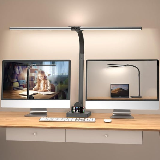 Double Head LED Desk Lamp, Architect Desk Lamps for Home Office, 24W Brightest Workbench Office Lighting-5 Color Modes and 5 Dimmable Eye Protection Modern Desk Lamp (Black-Desktop, Big) by Ksunun