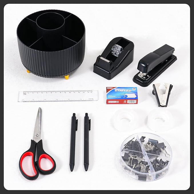 Gawsey Black Desk Organizers and Accessories with Desk Organizer 360° Rotating Pen Holder and Office Supplies, Cute Stationery Supplies Set - Image 8