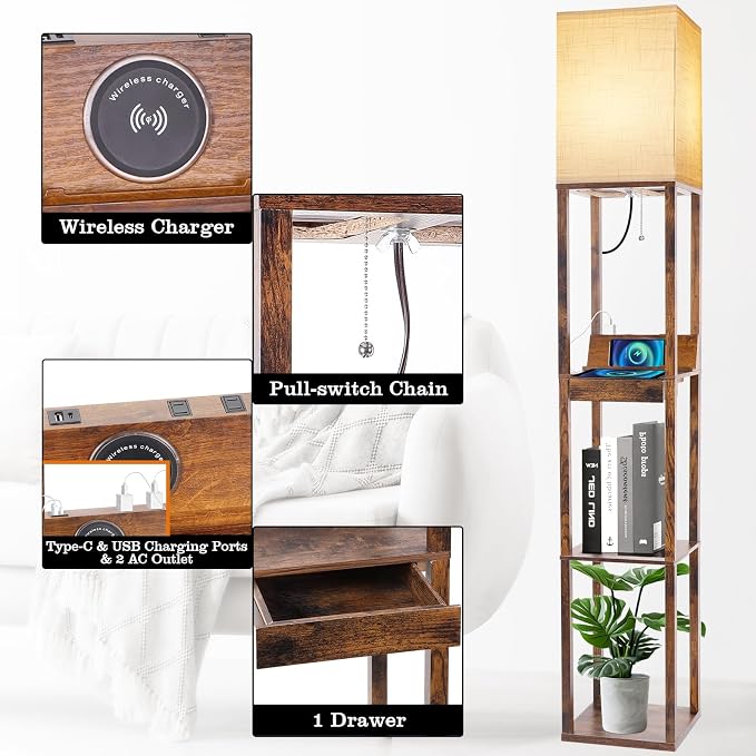 RUNTOP Floor Lamp with Shelves, Shelf Floor Lamp with Wireless Charger & 2 Charging USB Ports & Drawer, AC Outlet, 3 Color Temperature Tall Standing Lamp with Bulb for Living Room, Bedroom, Office - Image 4