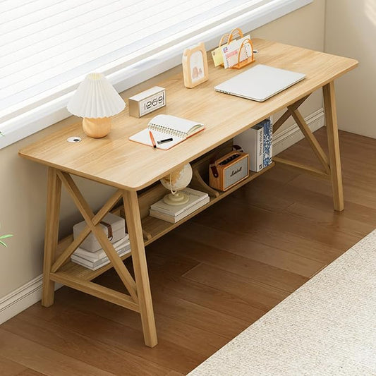 NELYE Extra Long Writing Desk with Bookshelf, 55" Wx20 Dx30 H, Oak | Wooden Home Office Work Study Table, Computer Gaming Workstation with Storage Shelf, Sturdy MDF Resists Wobble by NELYE