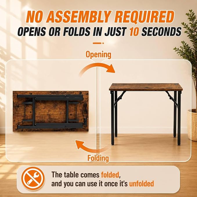 Folding Table Computer Desk - 43.3" No Assembly Folding Desk with Power Outlets & USB Charging Port, Small Desk, Foldable Office Desk, Compact Storage Portable Use for Small Space, Rustic Brown - Image 4