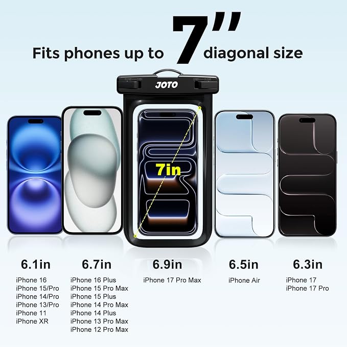 JOTO Up to 7" Universal Waterproof Phone Case for iPhone 17 Air 16 15 14 13 12 11 Plus Pro Max, IPX8 Cellphone Dry Bag XR X SE, Galaxy S23 S22 S21 S20+ S20 S10 Plus Note, Pixel -Black - Image 2