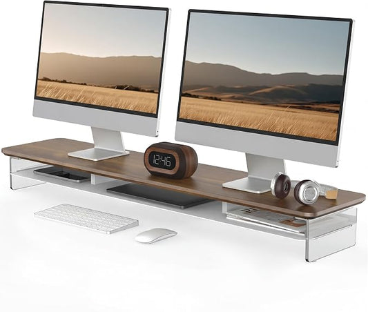 Fenge 42.5" Dual Monitor Stand with Clear Acrylic Legs, Brown | Clear acrylic, storage compartment, 2-tier home office monitor riser, wide large desktop shelf fit monitor/laptop/printer by Fenge