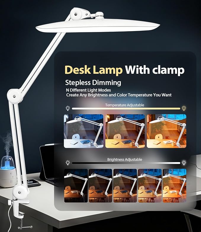 Led Desk Lamp with Clamp, Eye Caring Architect Desk Light for Home Office, Dual Screen Computer Monitor Gooseneck Adjustable Arm 20" LED Lamp, Stepless Dimming, for Nails &Salon, Reading, Workbench - Image 2