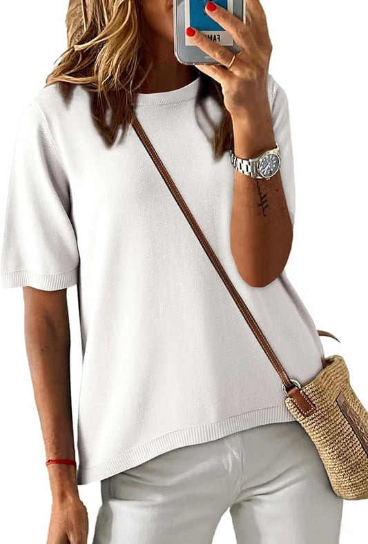 Dokotoo Womens Tops 2026 Casual Summer Crewneck Short Sleeve Striped Color Block Knit High Low Trendy Pullover Sweaters by Dokotoo