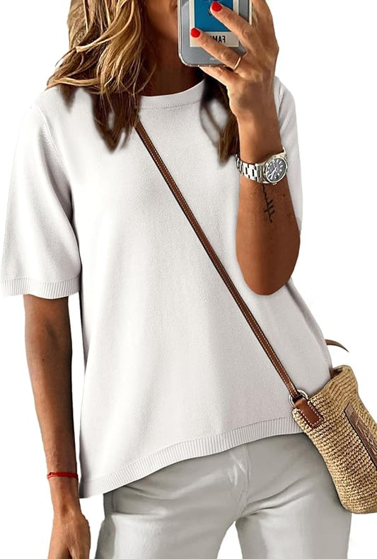 Dokotoo Womens Tops 2026 Casual Summer Crewneck Short Sleeve Striped Color Block Knit High Low Trendy Pullover Sweaters by Dokotoo