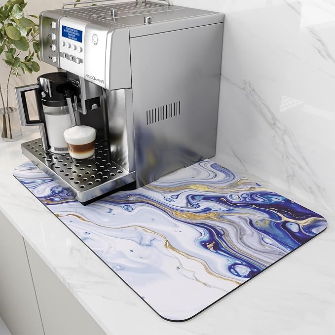 AMOAMI Dish Drying Mat for Kitchen Counter-Coffee Mat Bar Accessories, Hide Stain, Rubber Backed, Absorbent, Fit Under Coffee Maker, Espresso Machine, Pot, Dish Rack,(12x19,Marble,Blue) by AMOAMI