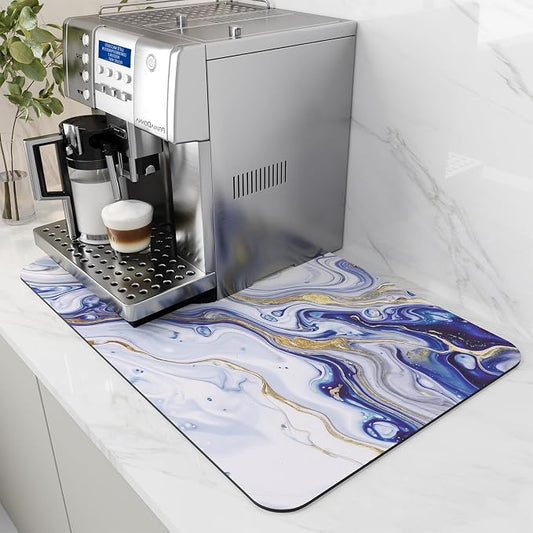 AMOAMI Dish Drying Mat for Kitchen Counter-Coffee Mat Bar Accessories, Hide Stain, Rubber Backed, Absorbent, Fit Under Coffee Maker, Espresso Machine, Pot, Dish Rack,(12x19,Marble,Blue) by AMOAMI