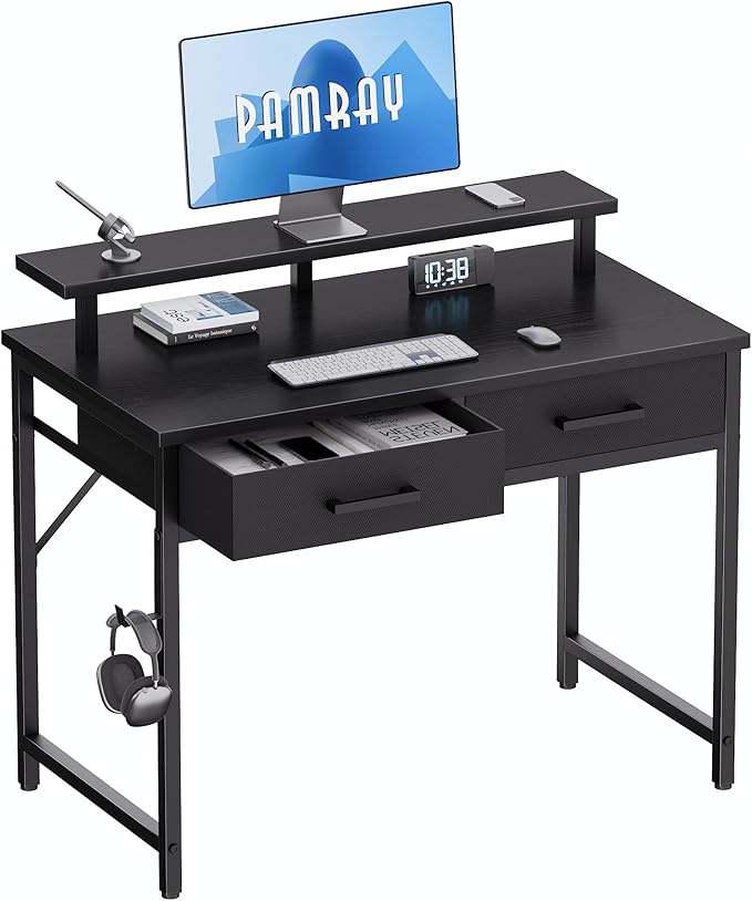 Pamray 32 Inch Small Computer Desk with Monitor Stand and 2 Drawers | Small Gaming Desk, for Bedroom Apartment and Dorm, for Study Work and Writing, Small Spaces, Sturdy, Easy Assembly by PAMRAY