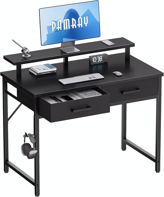 Pamray 32 Inch Small Computer Desk with Monitor Stand and 2 Drawers | Small Gaming Desk, for Bedroom Apartment and Dorm, for Study Work and Writing, Small Spaces, Sturdy, Easy Assembly by PAMRAY