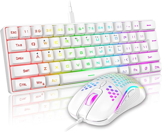 RedThunder 60% Mini Gaming Keyboard and Mouse Combo, Lightweight, Ultra-Compact 61 Keys RGB Backlit,7200 DPI Honeycomb Optical Mouse, Wired Gaming Set for PC MAC PS5 Xbox Gamer(White) by RedThunder