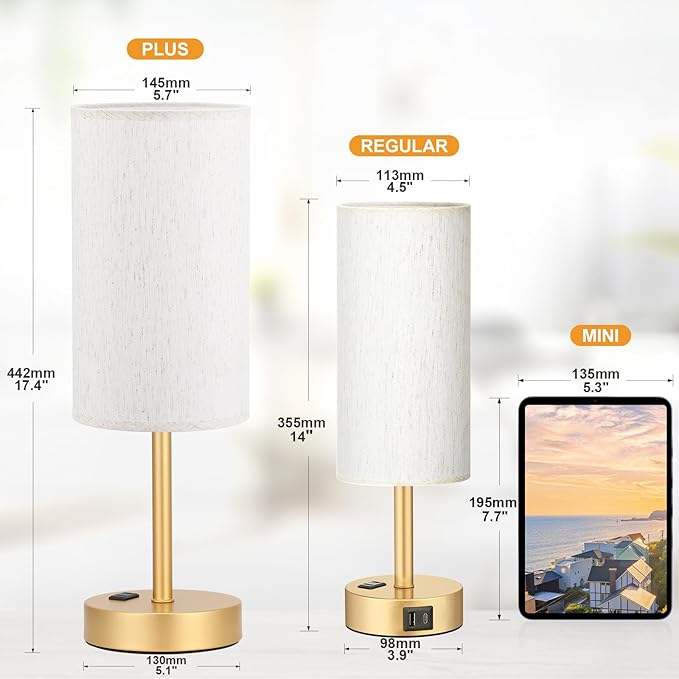 Fenmzee Touch Table Lamp - Cream, 3-Way Dimmable, USB A + C Charging, AC Outlet, 17.4inch Medium, Gold Metal Base - Image 2