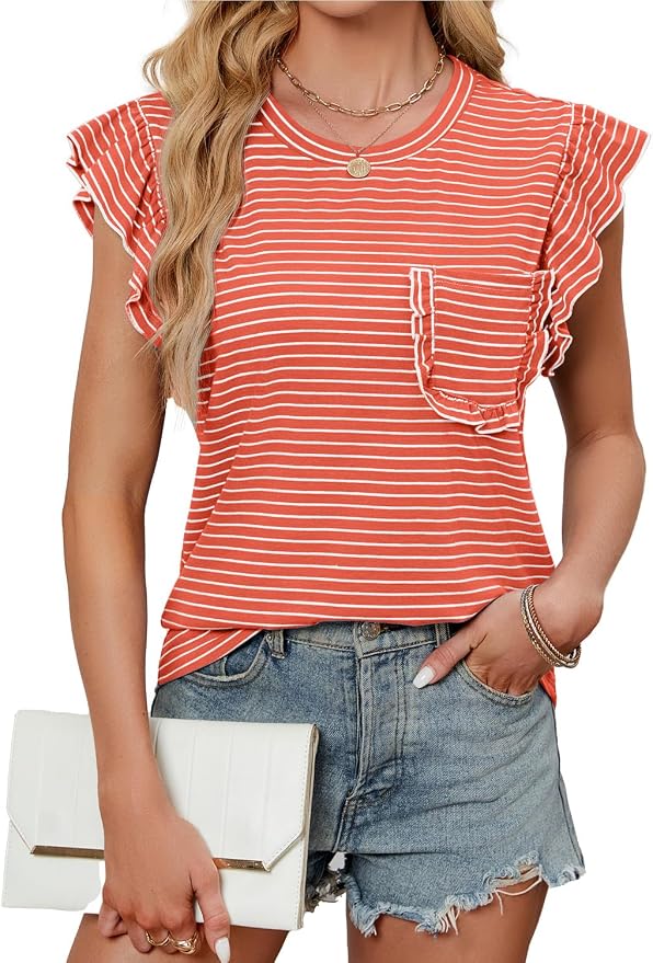 JUSTFASHIONNOW Womens Summer Tops Striped T-Shirts 2026 Ruffle Short Sleeve Crew Neck Casual Blouses with Pocket - Image 4