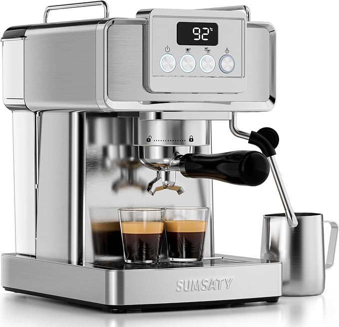 SUMSATY 20 Bar Espresso Machine Stainless Steel with Powerful Milk Frother | LED Display Espresso Coffee Machine 1350W Fast Heating Home Barista to Make Latte Cappuccino, Pre-Infusion, 61oz Water Tank by SUMSATY
