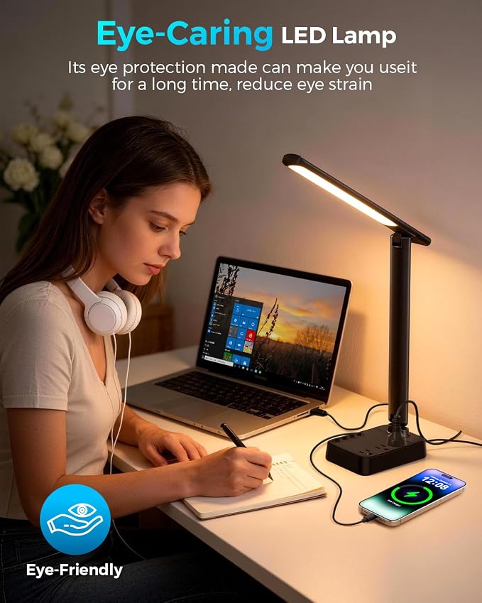 LED Desk Lamp with Power Strip, 3 AC Outlets, 4 USB Ports, Stepless Dimming | 2800K-6500K Color, 2 USB-C, Foldable Design, Timer & Memory, Study, Home Office & College Dorm - Image 7