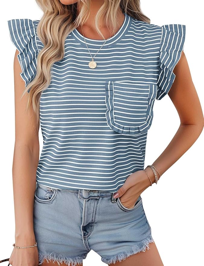 JUSTFASHIONNOW Womens Summer Tops Striped T-Shirts 2026 Ruffle Short Sleeve Crew Neck Casual Blouses with Pocket - Image 2