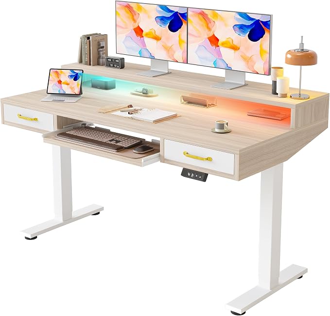TIQLAB Standing Desk with Two Drawers, Stand Up Standing Desk Adjustable Height, Electric Sit Stand Table with Storage Shelf and Splice Board, with LED Light, 55 * 28 inch, Light Walnut by TIQLAB