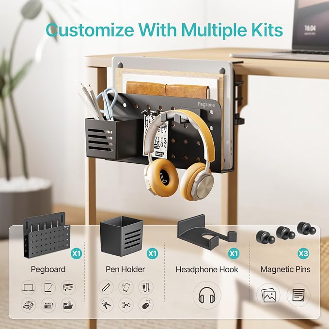 PEGZONE Desk Side Storage Organizer, Fits Flat Edge 0.4" to 2.2", Black | No Drill Under Desk Laptop Holder, Clamp on Desks Shelf with Pegboard Accessories, Hanging Laptop Mount - Image 3