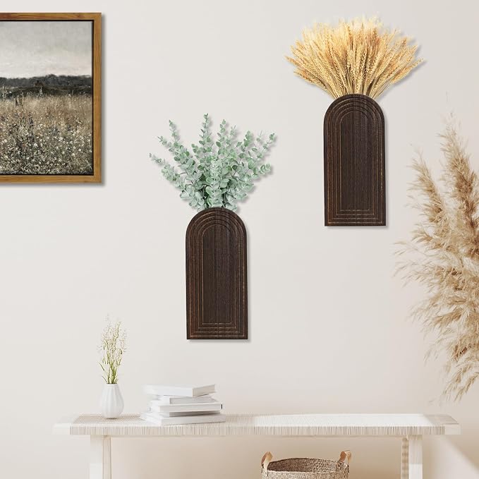 Dnnnii 2 Pack Wooden Wall Vase Set - Dark Brown Finish Modern Farmhouse & Boho Wall Decor for Entryway, Hallway, Bathroom, Living Room, Dining Room, Narrow Spaces - Image 2