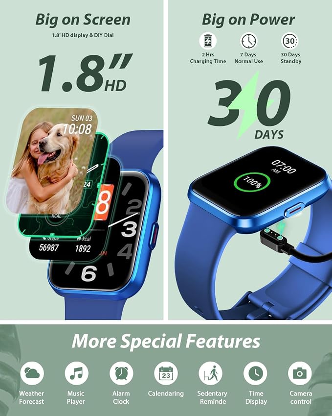 Smart Watch for Women Android & iPhone, Alexa Built-in, 1.8" Touch Screen Fitness Tracker with Answer/Make Calls, IP68 Waterproof Heart Rate/Sleep/SpO2 Monitor, Pedometer, 100+ Sport Modes, Dark Blue - Image 6