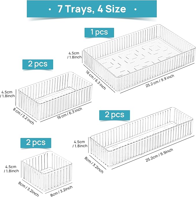 Vtopmart 7 PCS Clear Makeup Drawer Organizers Bins, 4-Size Stackable Makeup and Vanity Organizer Trays, Acrylic Bathroom Storage Containers for Cosmetic, Toiletries, Office Supply, Utensils, Gadgets - Image 7