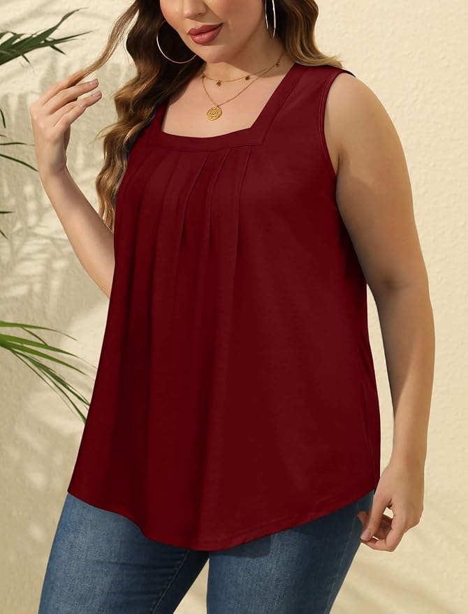 Saloogoe Summer Tank Tops for Women Loose Fit Pleated Square Neck Sleeveless Tops Curved Hem Flowy - Image 3