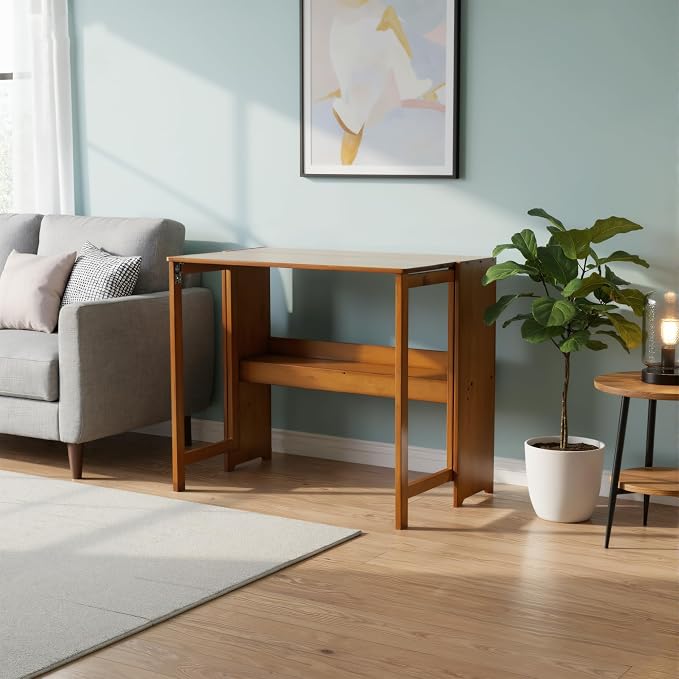 Wood Foldable Desk,Space Saving Foldable Table Bamboo Folding Desk Study Table with Bookshelf for Office Home Study Bedroom - Image 6