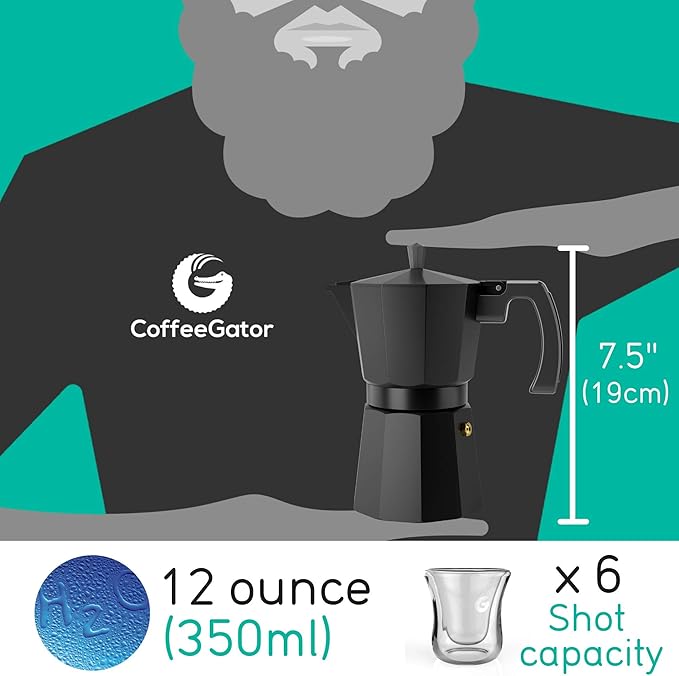 Coffee Gator Moka Pot - 6 Cup, 12oz Stovetop Espresso Maker - Classic Italian and Cuban Coffee Percolator w/ 2 Stainless-Steel Cups – Matte Grey Aluminum, 360ml - Image 5