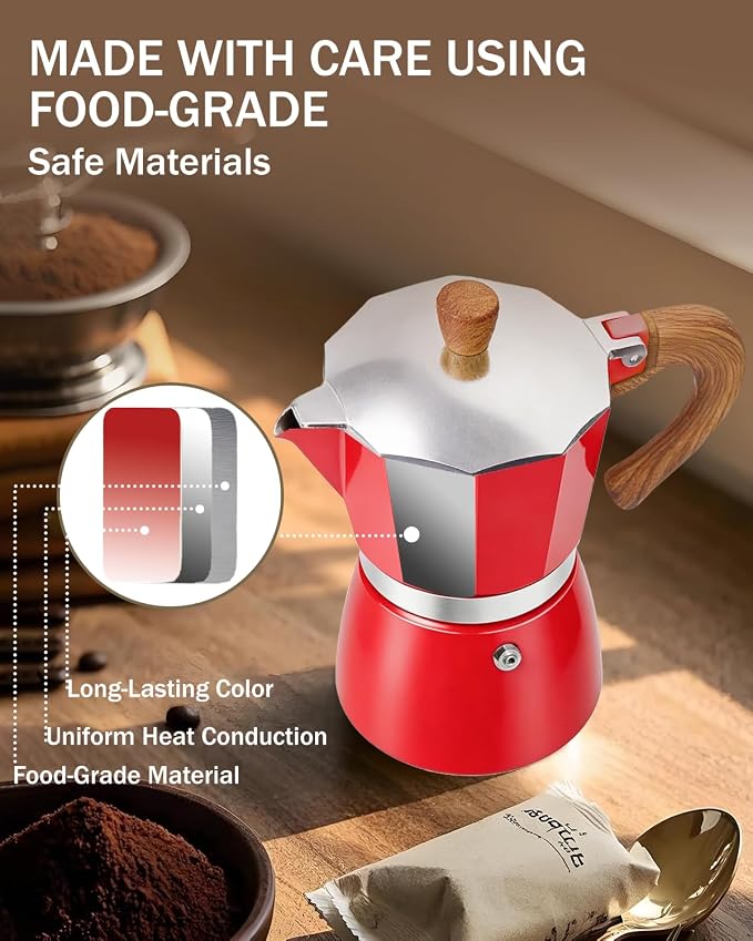 Coffee Maker Stovetop Espresso Maker 9 Cup Aluminum Moka Pot Percolator 15oz 450ml Easy Brewing for Electric Ceramic Stoves Home Camping Italian Cuban Café Classic Red - Image 6