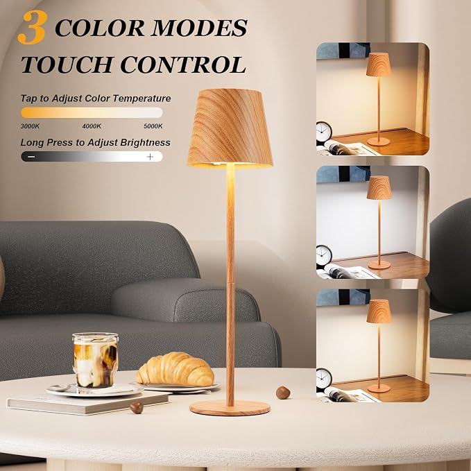 Kakanuo Wood Grain Cordless Table Lamp Rechargeable - 2 Pack 5000mAH Battery Operated Lamp for Counter, 3 Color Stepless Dimming Wireless Lamp for Dining Kitchen, Outdoor Patio, Touch Control - Image 2